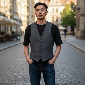 VOBOOM Vest Size Medium Herringbone Wool Blend Dark Gray Button Front Waistcoat